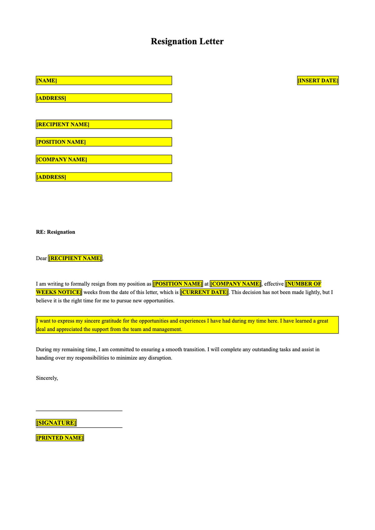 Professional resignation letter template with placeholder fields_variant_3